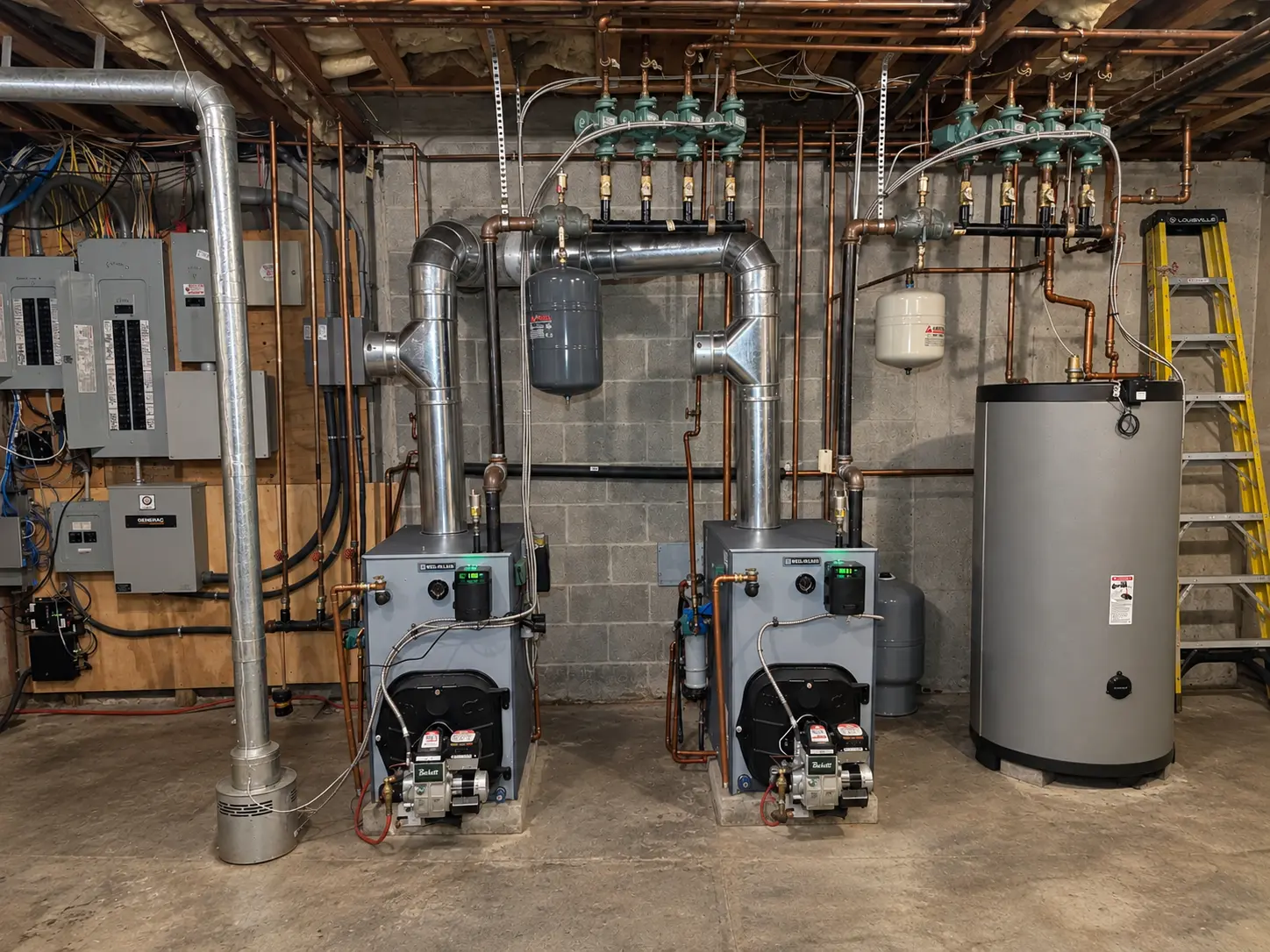 Completed Levco installation with two oil-fired boilers and a hot-water storage tank