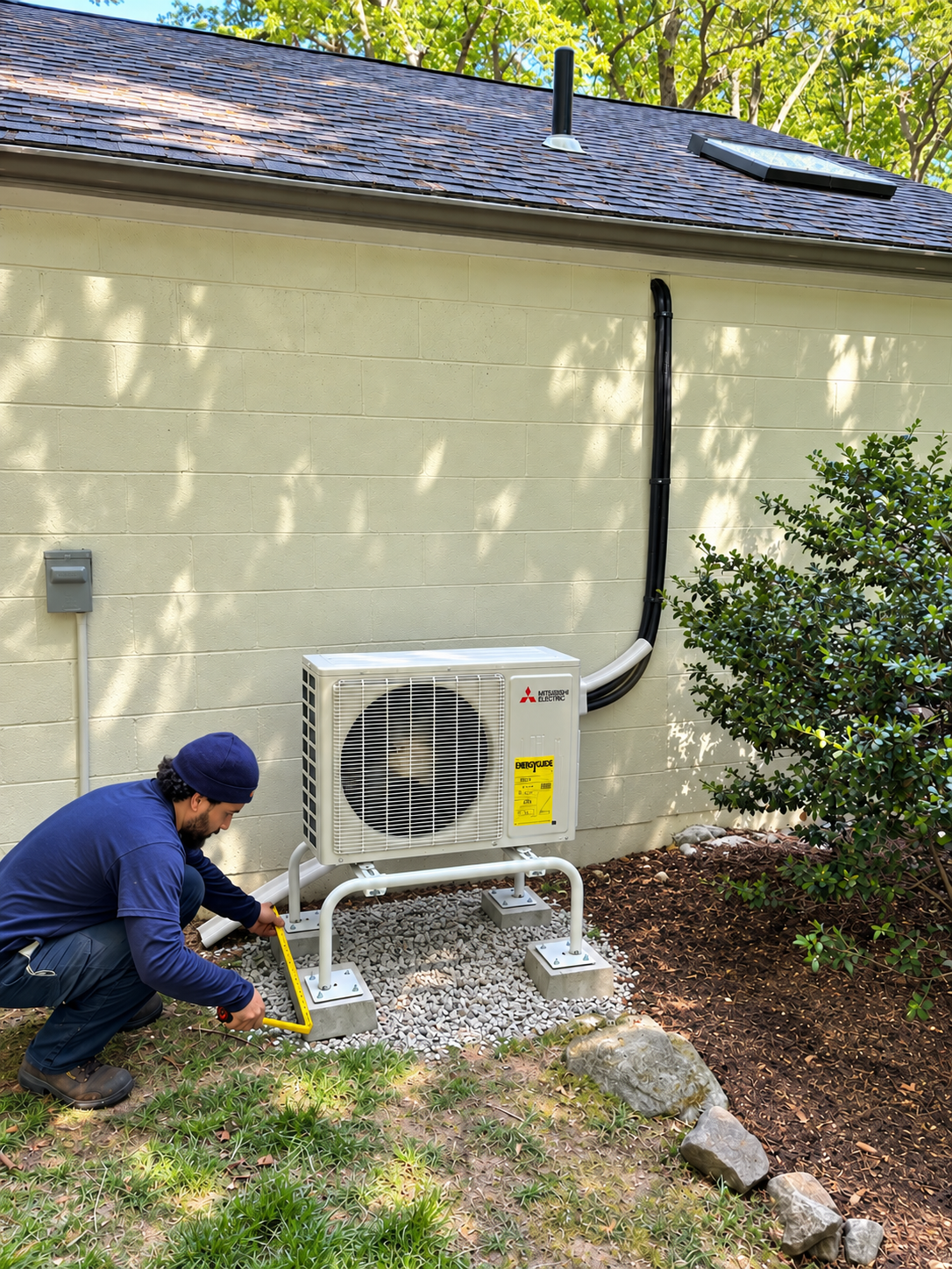 Levco technician measuring a ductless mini-split outdoor unit installation