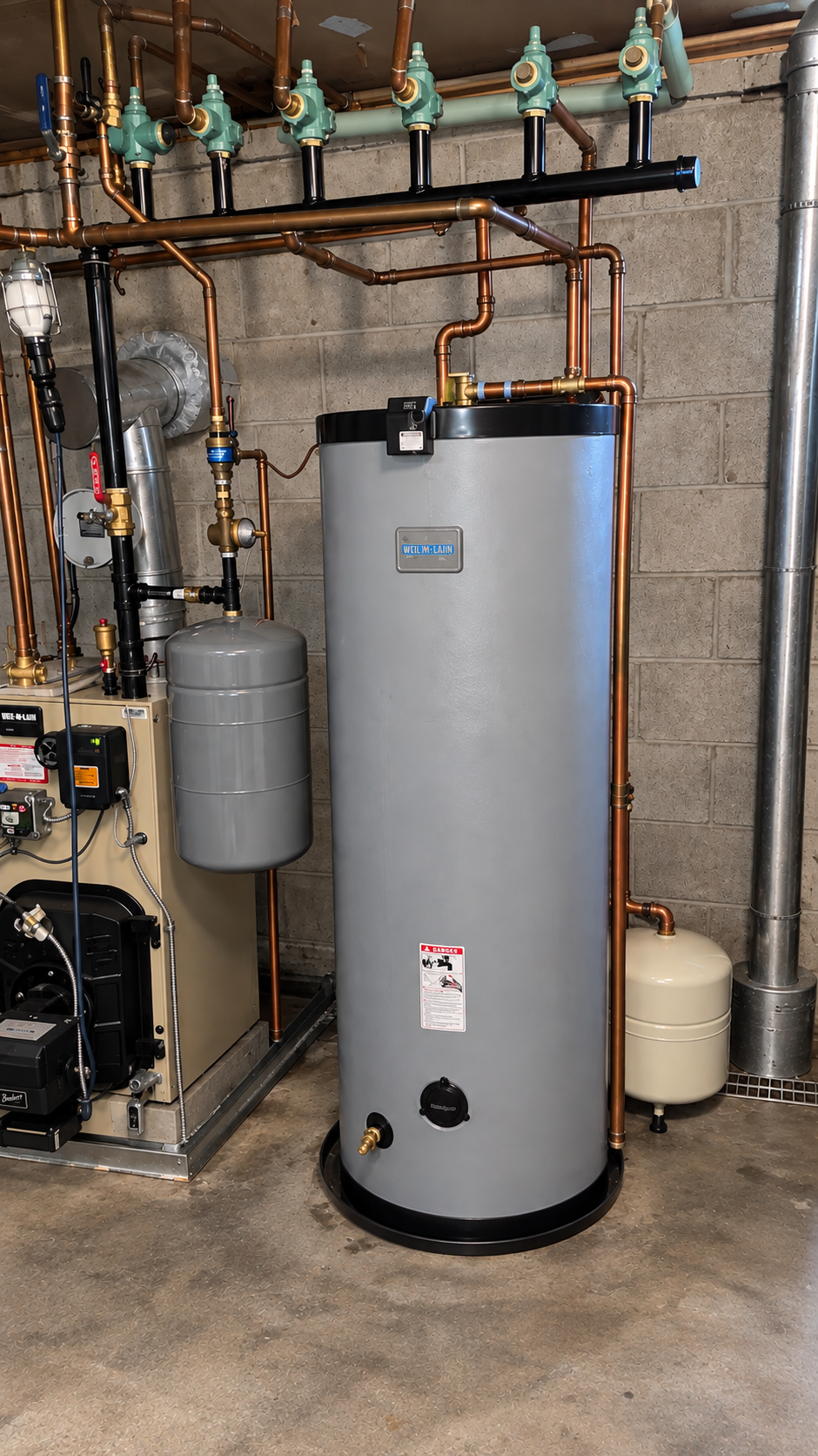 Completed indirect water heater installation with copper piping in a Connecticut basement