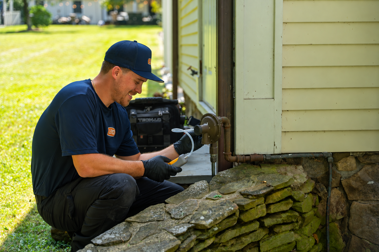 Levco technician performing a safety check on a home's propane regulator and gas line