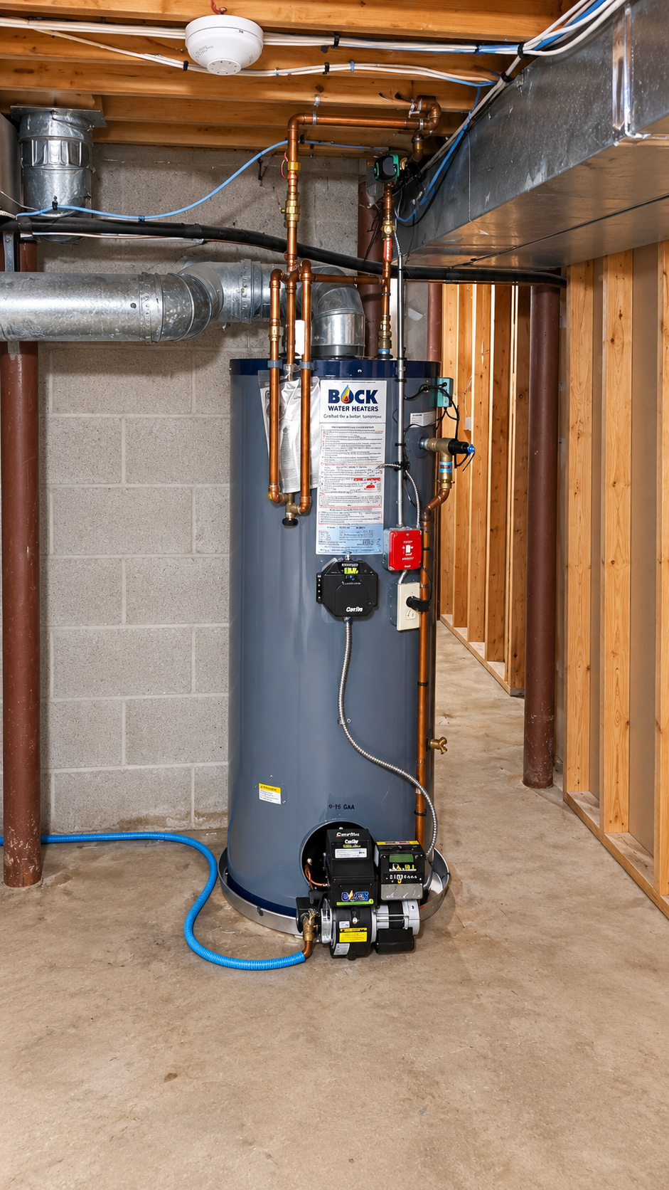 Completed Bock tank water heater installation with copper piping in a Connecticut basement
