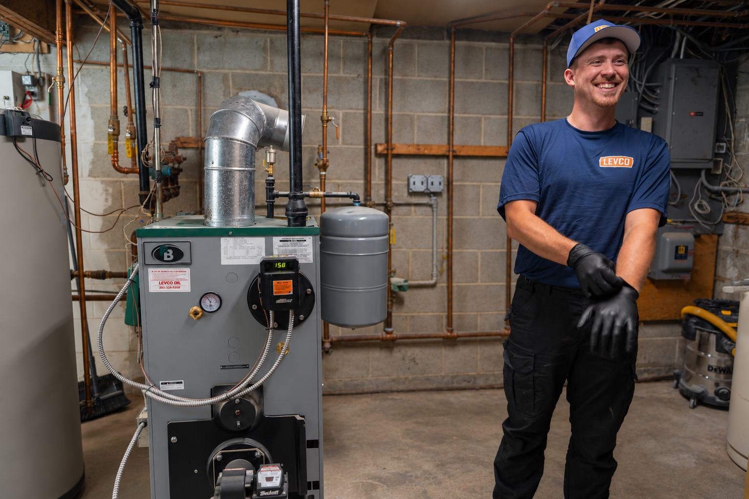 Levco technician beside a home heating system after service